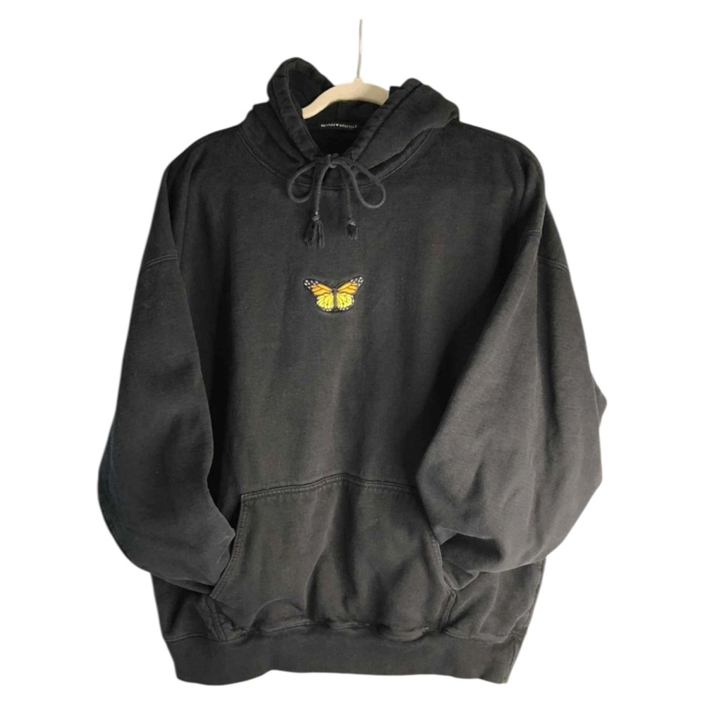 Brandy Melville Black Oversized Hoodie Embroidered Monarch Butterfly One Size